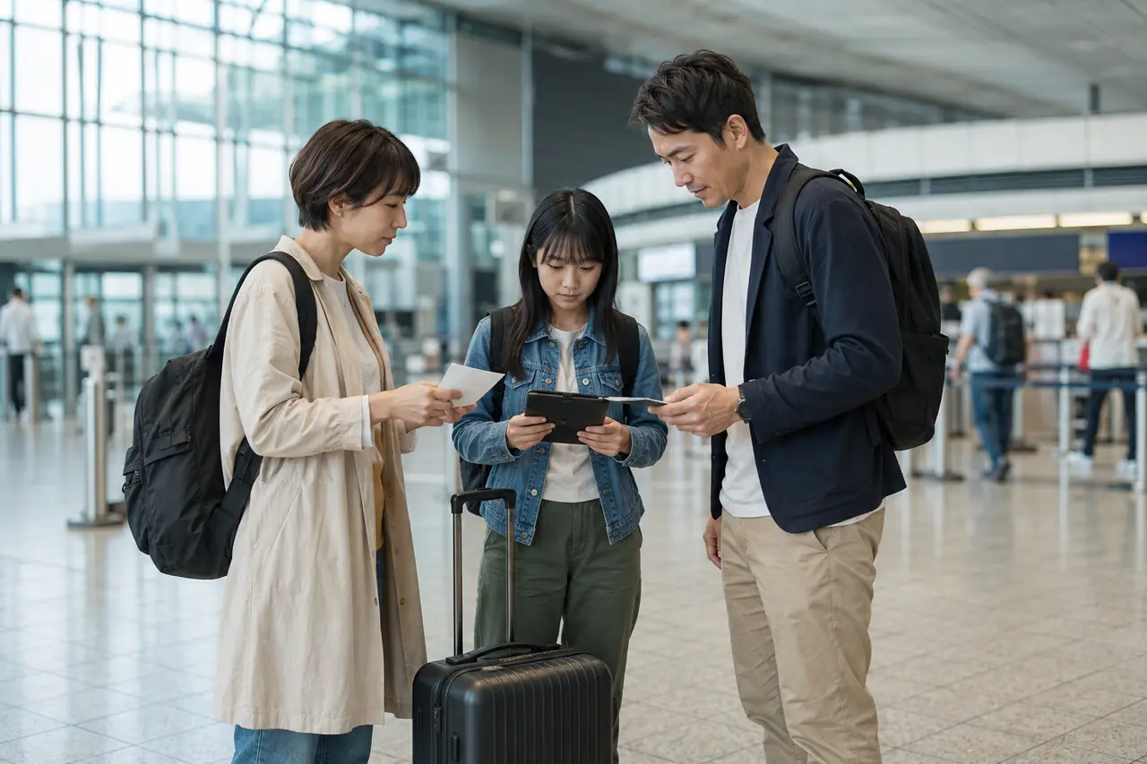 ドイツの自宅で一時帰国の日程、荷物、変更条件を家族で比べる様子