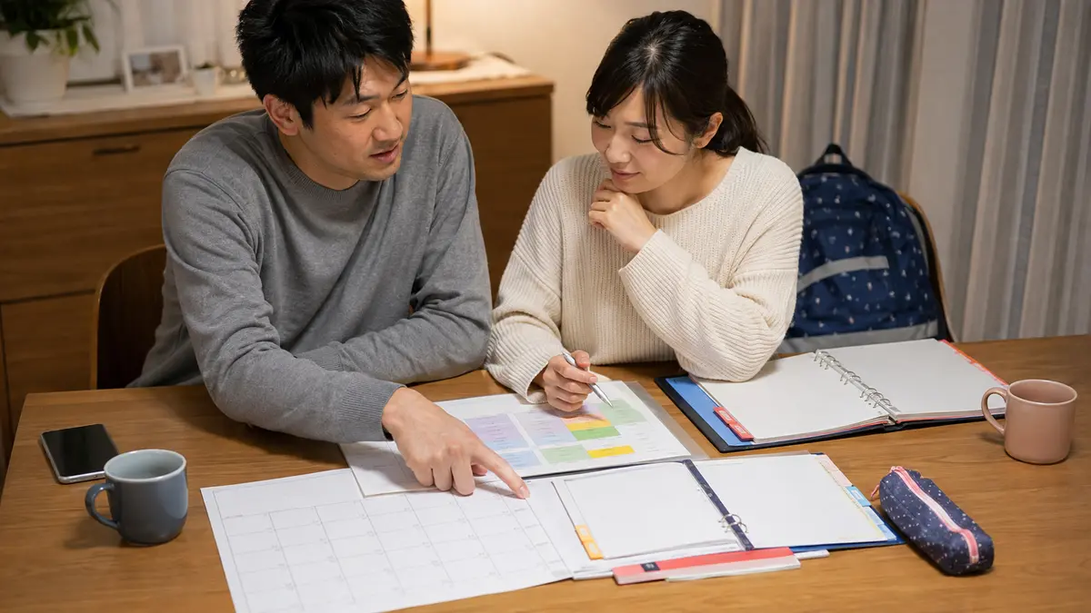 学校・OGS・休暇保育の申込みと日程を家庭で整理する様子