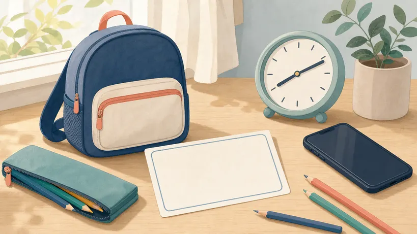 子どものリュック、連絡メモ、時計、電話、色鉛筆を机に準備した様子