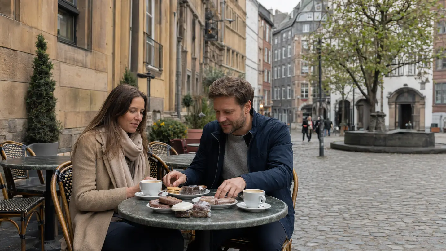 アーヘン旧市街の屋外席でPrintenとコーヒーを楽しむ旅行者
