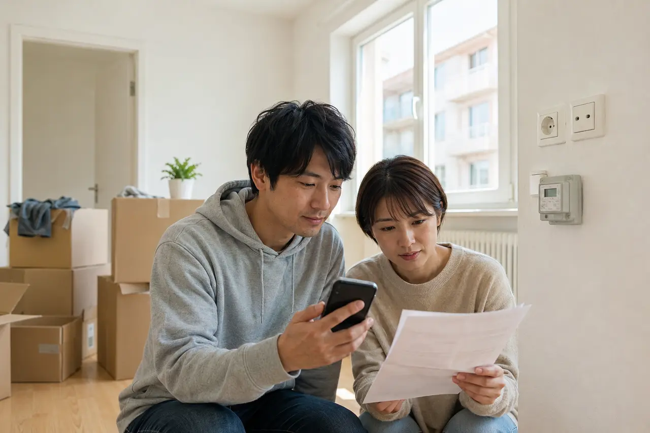 ドイツの住居でメーターと部屋の状態を記録しながら鍵を引き渡す様子