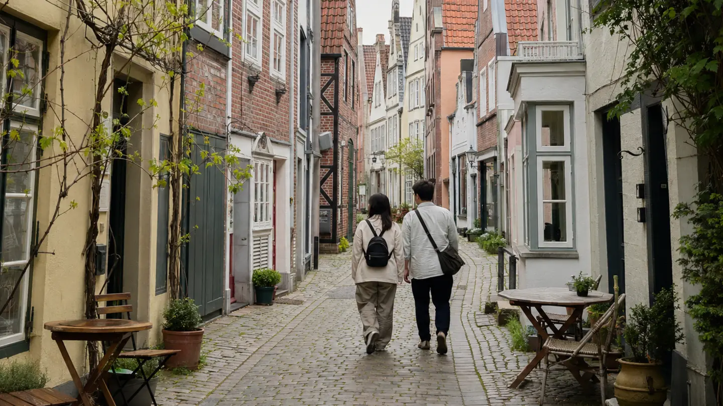 ブレーメンのSchnoor地区にある細い石畳の路地を歩く旅行者