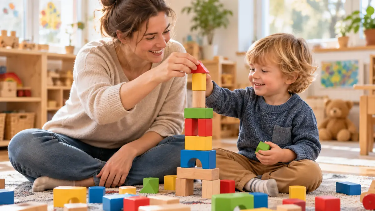 明るい保育室で子どもと保育者が積み木をする様子