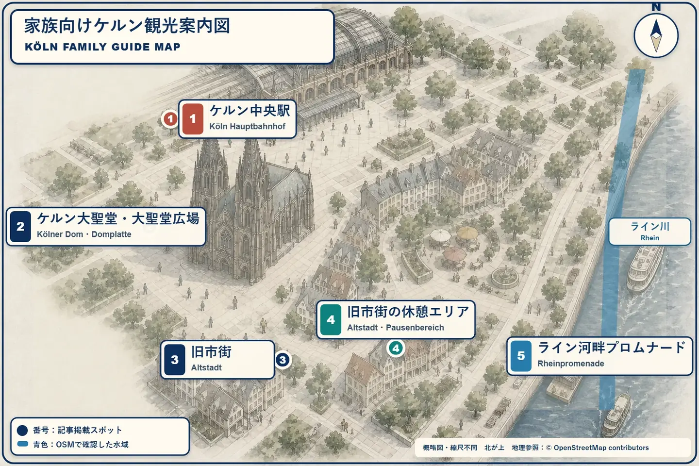 子連れ向けにKöln Hauptbahnhof、大聖堂、休憩場所、ライン川沿いを結ぶ観光案内図