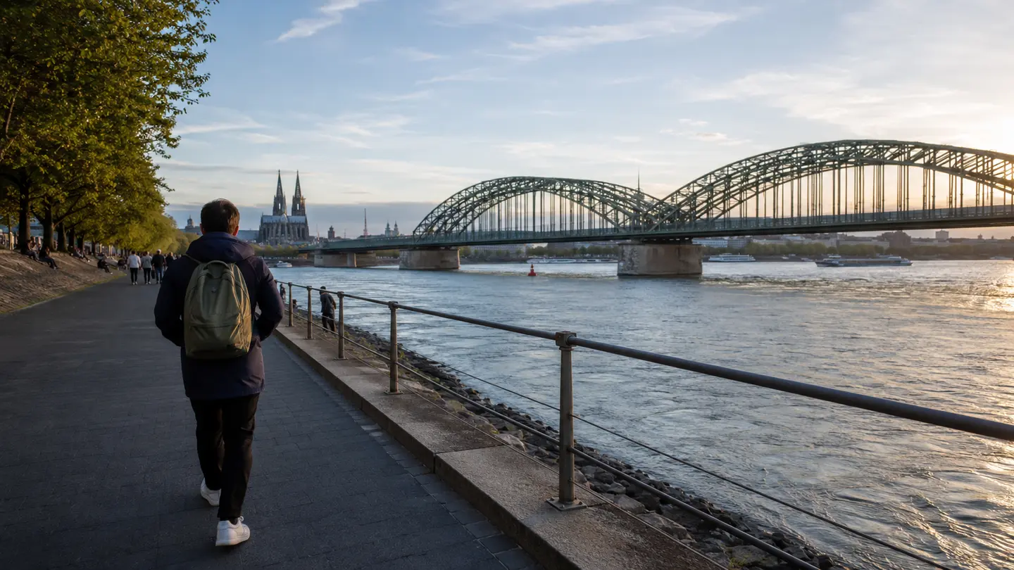小さなデイパックでケルンのライン川沿いを歩く旅行者
