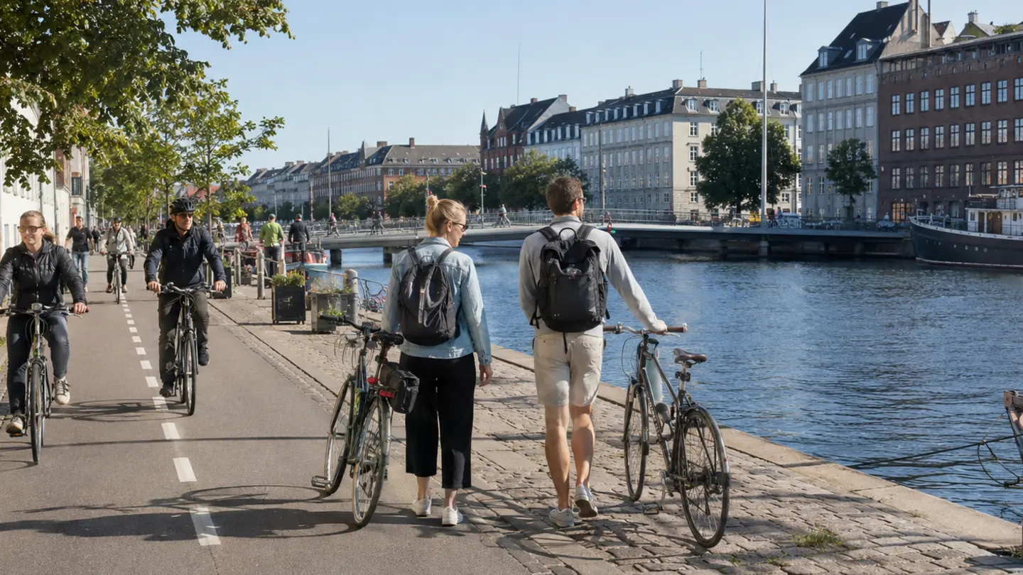 コペンハーゲンのChristianshavnで運河沿いを自転車と徒歩で移動する人々