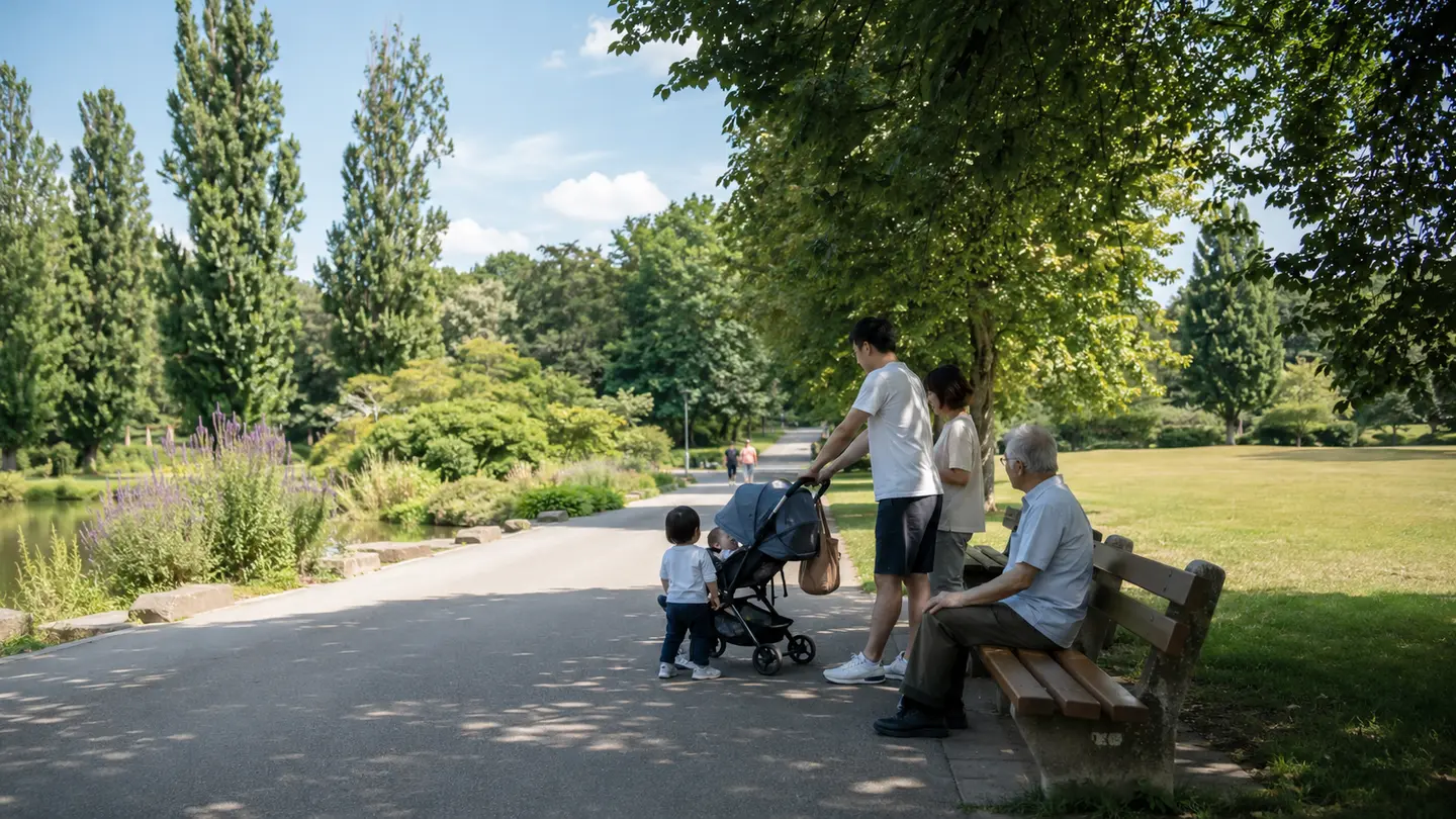 デュッセルドルフの舗装された公園路でベビーカーと休憩する家族