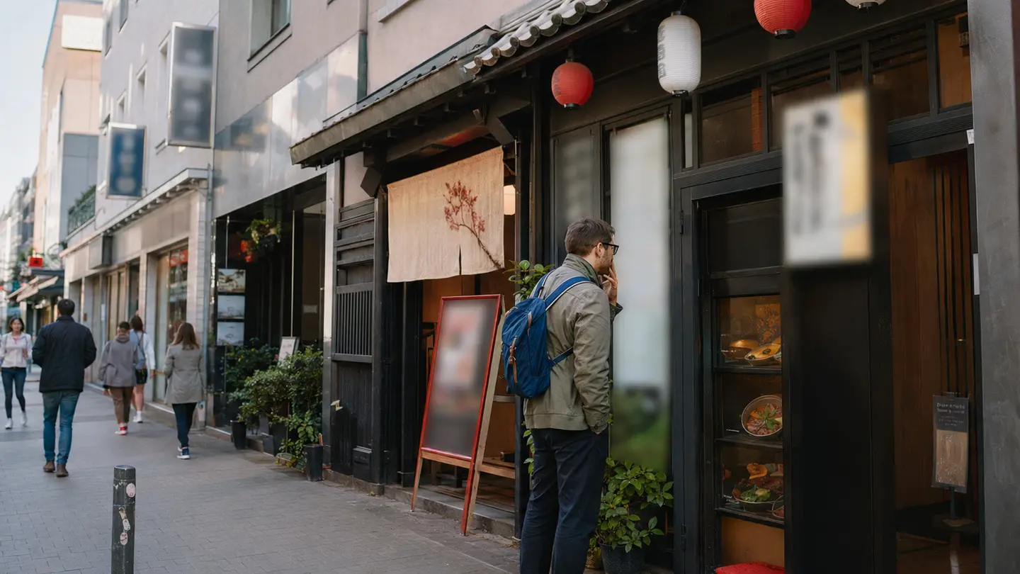 デュッセルドルフ日本人街で昼食候補を見比べる旅行者