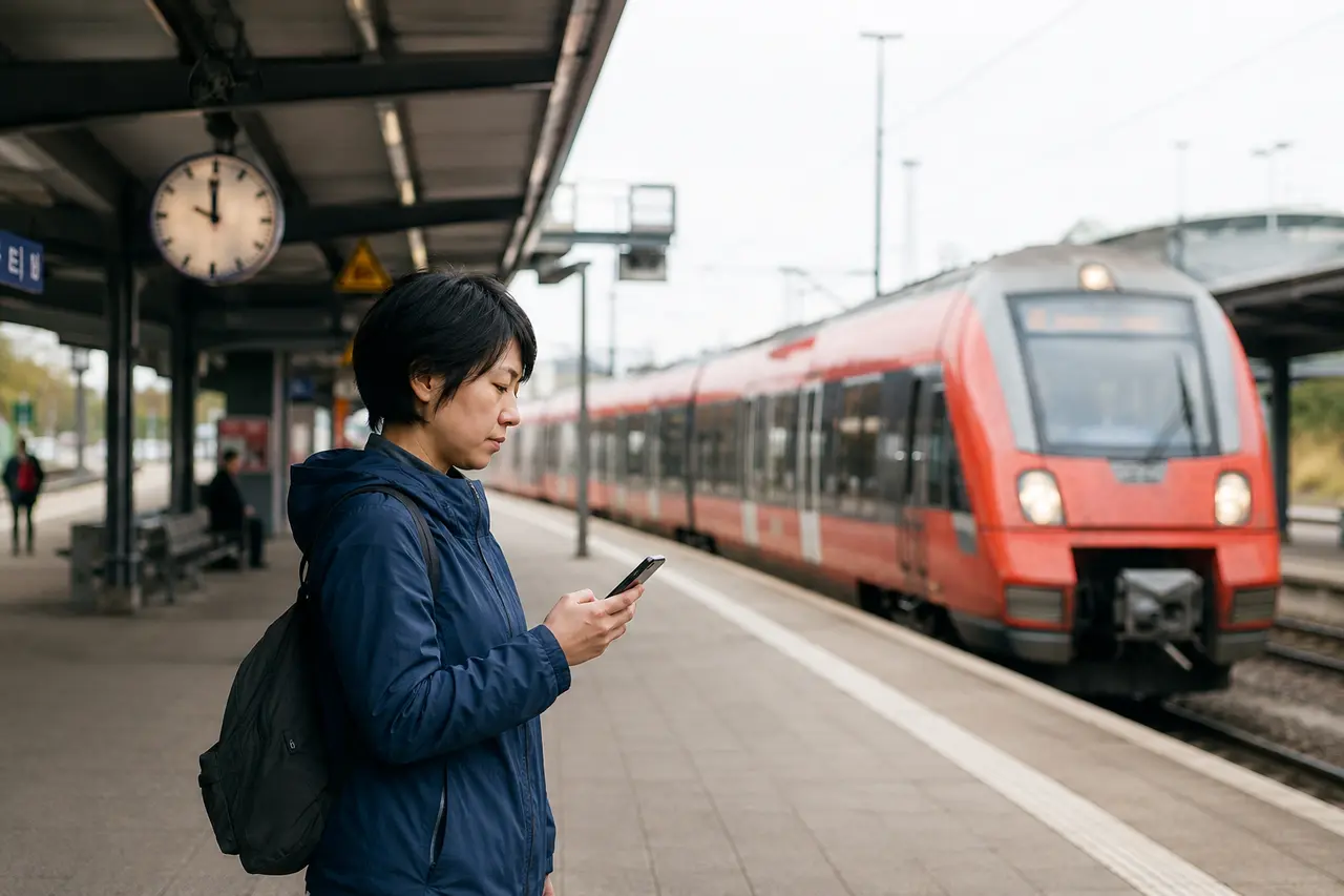 ドイツの駅で公式アプリを確認する日本人旅行者と地域列車