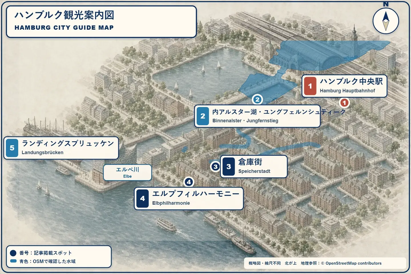 Hamburg HauptbahnhofからBinnenalster、Speicherstadt、Elbphilharmonie、Landungsbrückenへ向かう観光案内図