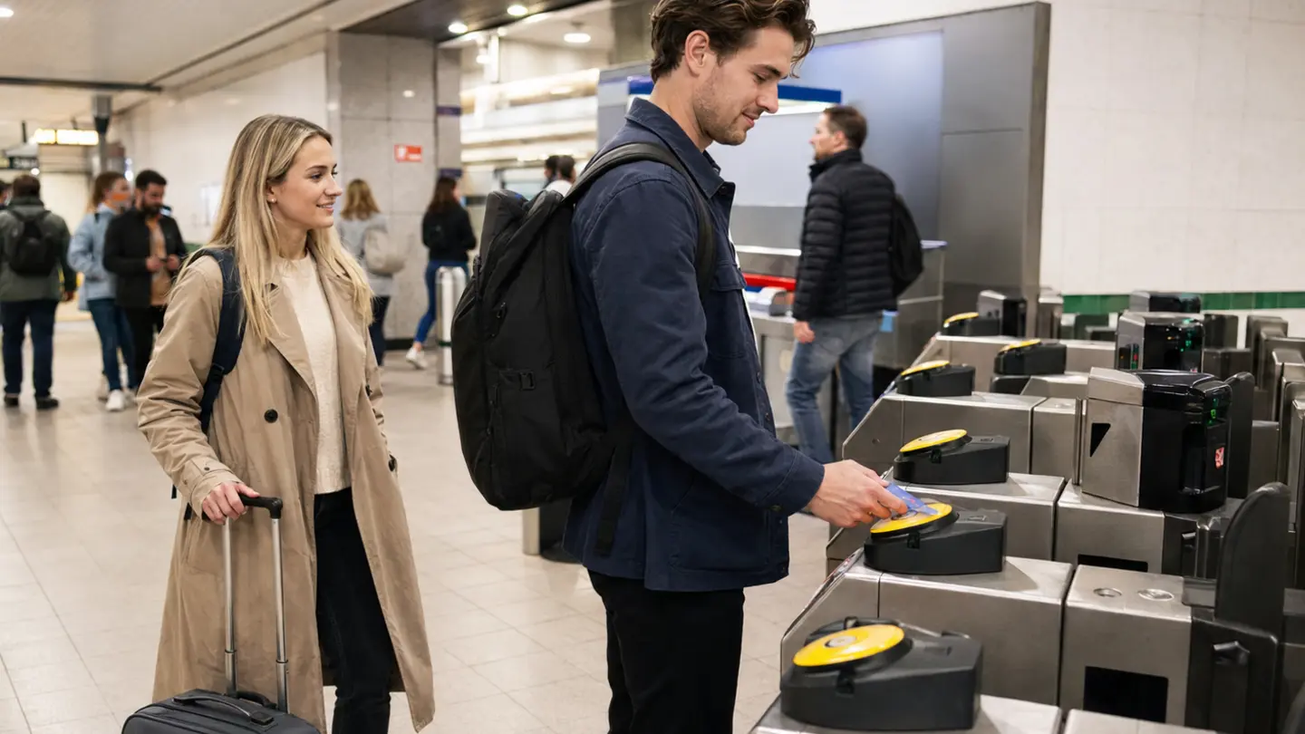 ロンドン地下鉄の改札で同じ決済カードをタッチする旅行者