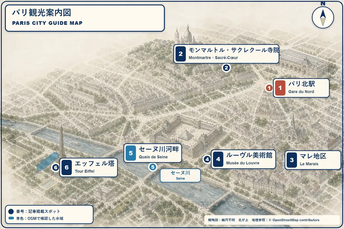 Gare du Nord、Montmartre、Le Marais、Louvre、Seine川、Eiffel Towerの位置関係を示す観光案内図