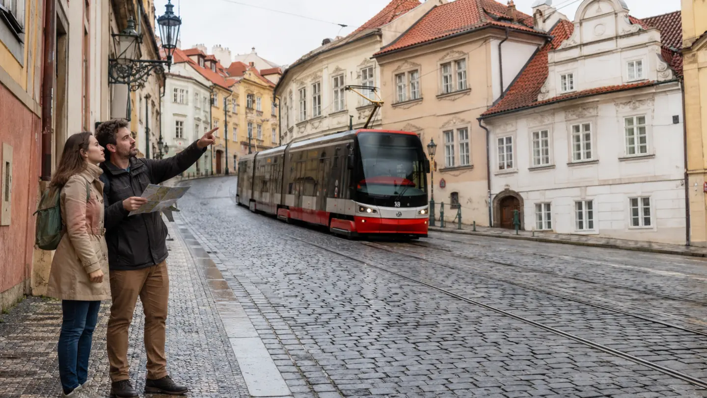 プラハのMalá Stranaにある坂と石畳の道を走るトラムと旅行者