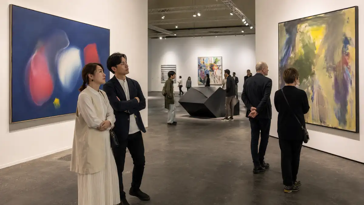 現代美術の展示を静かに鑑賞する日本人と来場者