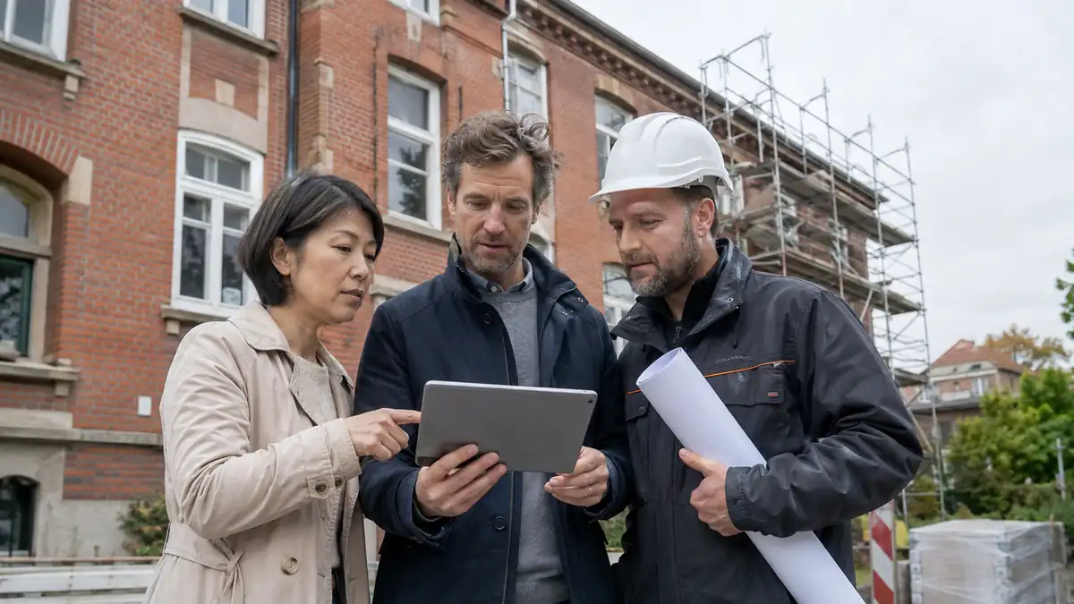 NRWの既存集合住宅前で改修計画をタブレットで確認する所有者と専門家