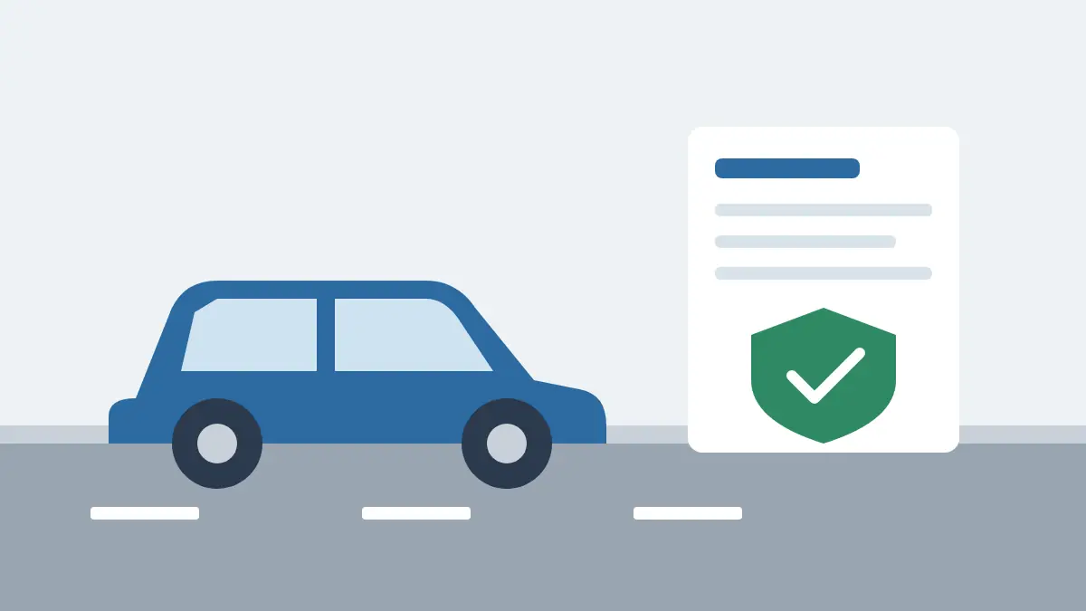 道路を走る青い車と、チェックの印が付いた保険の書類を描いたイラスト