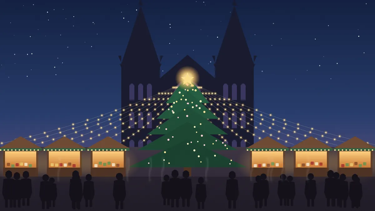 夜の大聖堂を背に、ツリーから屋台の上へ光の天蓋が広がるクリスマスマーケットを描いたイラスト