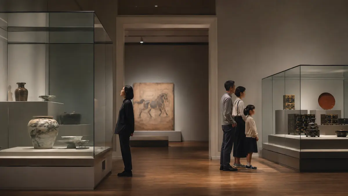 東アジアの陶磁器や漆芸を展示する静かな美術館を見学する来館者