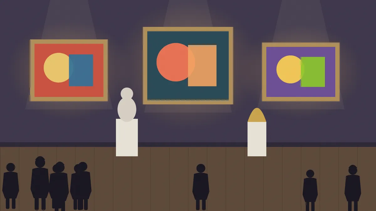 夜の美術館の展示室で、明かりに照らされた絵画と彫刻を眺める人々を描いたイラスト