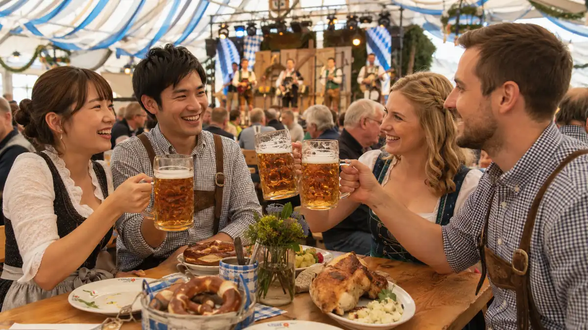 秋の祭典テントで食事と音楽を楽しむ日本人とドイツ人の友人