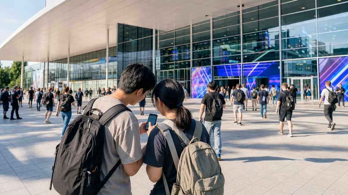 大規模ゲーム見本市へ入場する前にスマートフォンで予定を確認する来場者