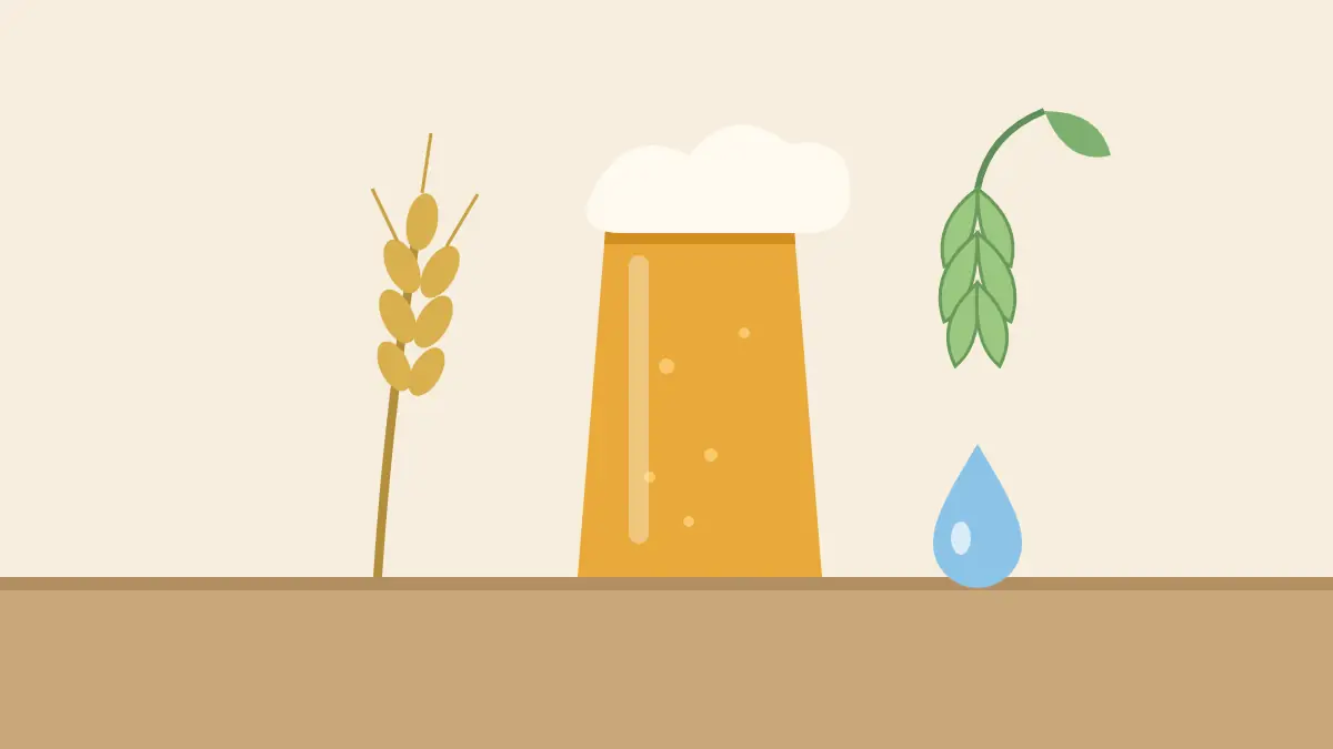 大麦の穂とホップ、水のしずくの横に、泡の立ったビールグラスを描いたイラスト