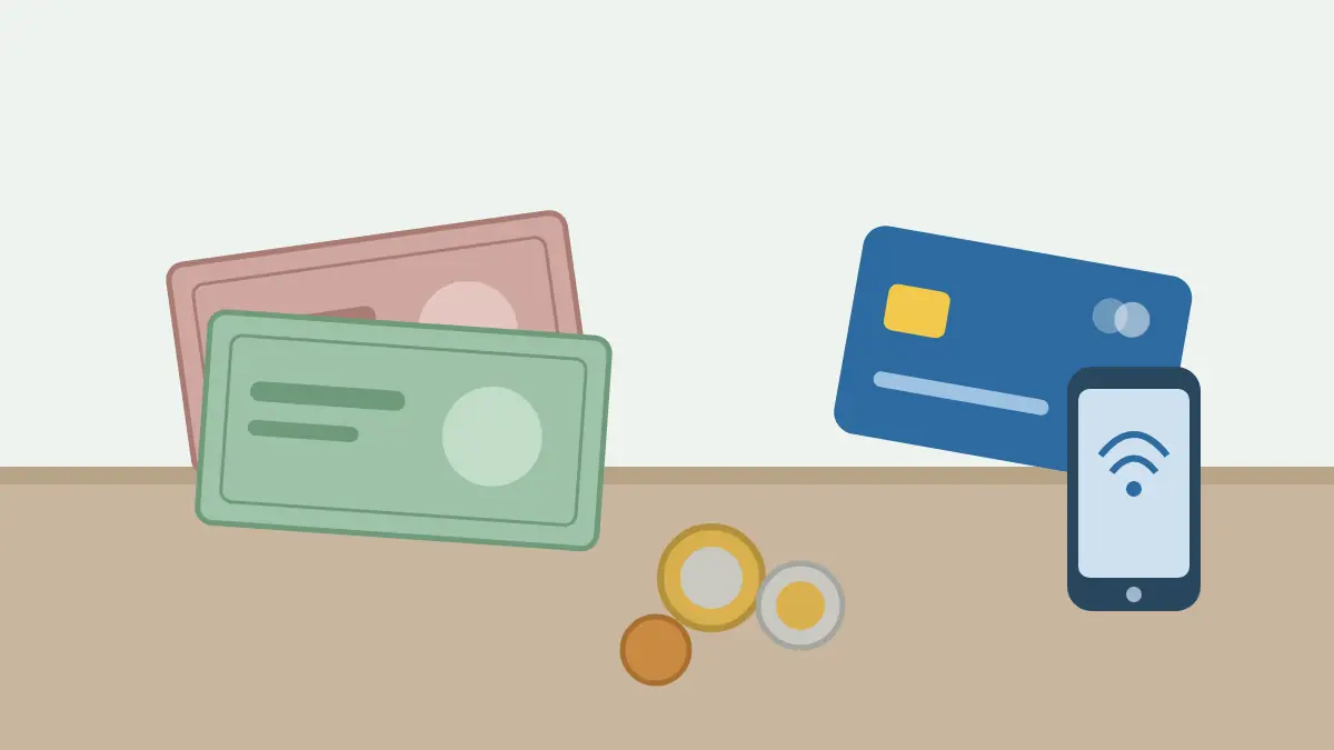 ユーロの紙幣と硬貨、カードとスマートフォンが並ぶレジ台を描いたイラスト
