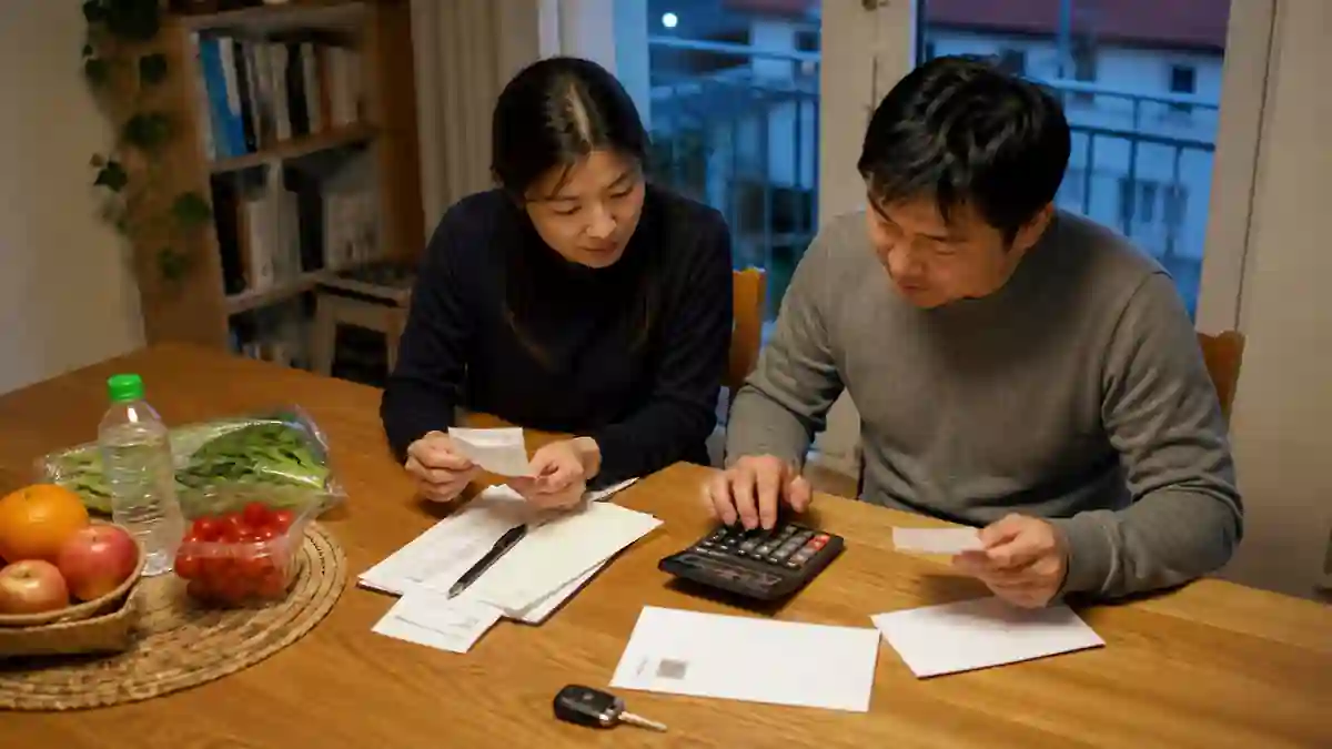 ドイツの家庭で食料品のレシートと光熱費を確認する日本人の夫婦