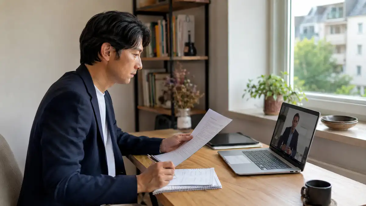 ドイツでオンライン面接と応募書類を準備する日本人の求職者