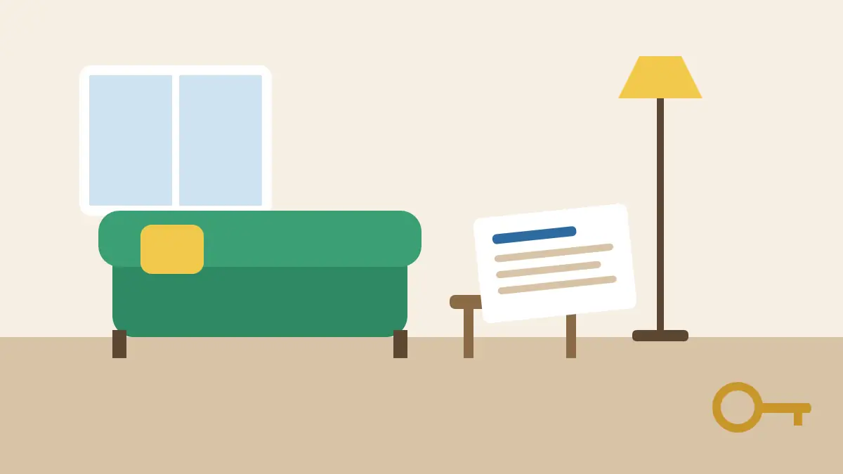 ソファとテーブル、ランプが置かれた家具付きの部屋と、賃貸契約書と鍵を描いたイラスト