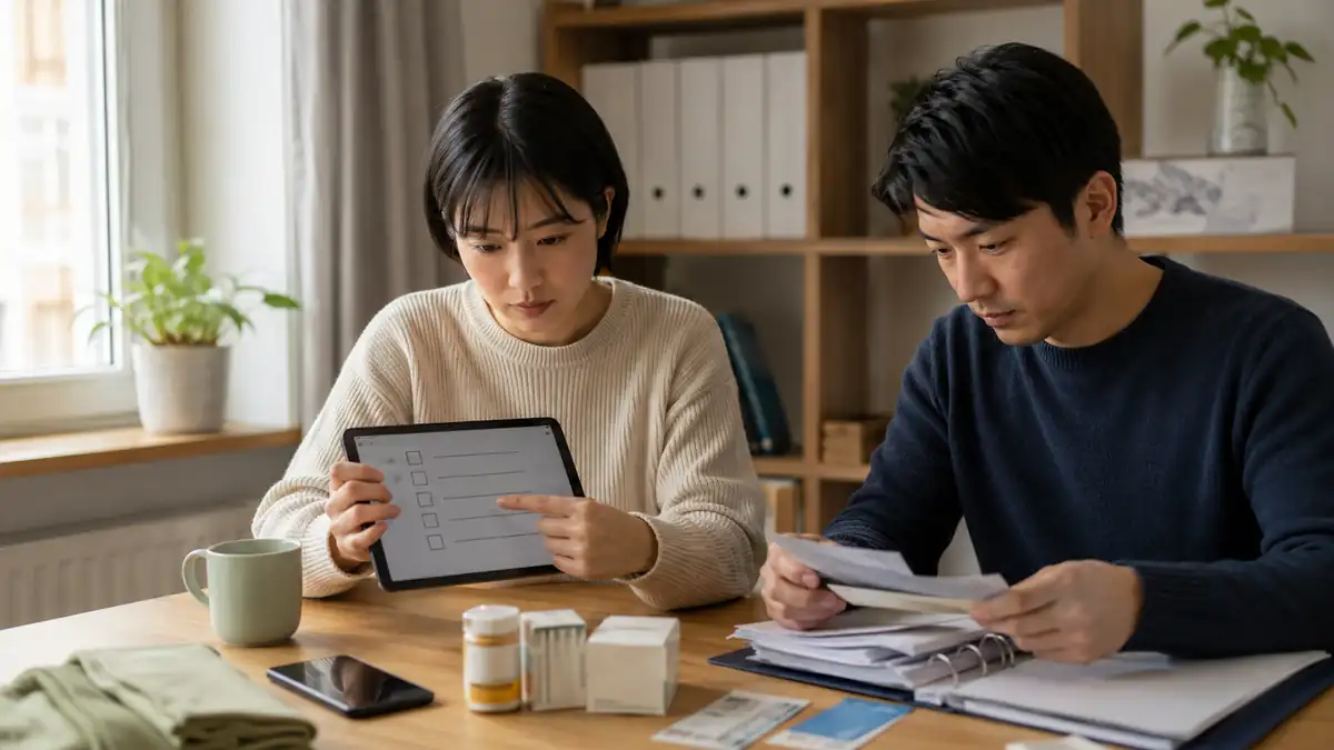 ドイツの制度変更をタブレットと書類で確認する日本人の夫婦