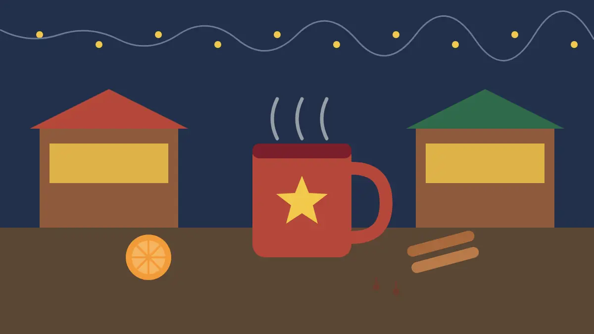 クリスマスマーケットの屋台の灯りの前で、湯気の立つマグカップとシナモン、オレンジを描いたイラスト