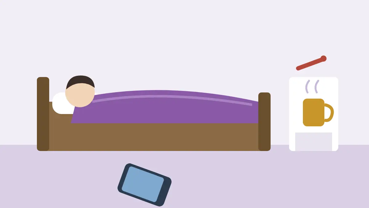 ベッドで毛布にくるまって休む人と、体温計、スマートフォン、温かい飲み物を描いたイラスト