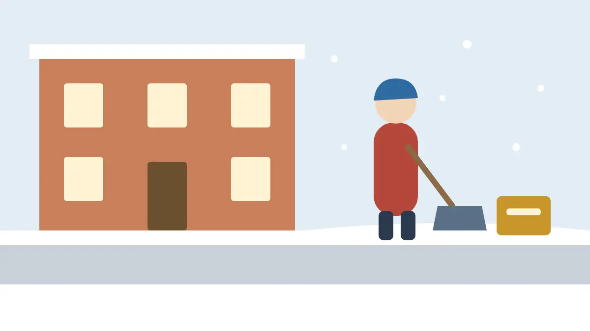 雪が積もった集合住宅の前の歩道を、スコップで雪かきしている人と、滑り止めの砂の袋を描いたイラスト