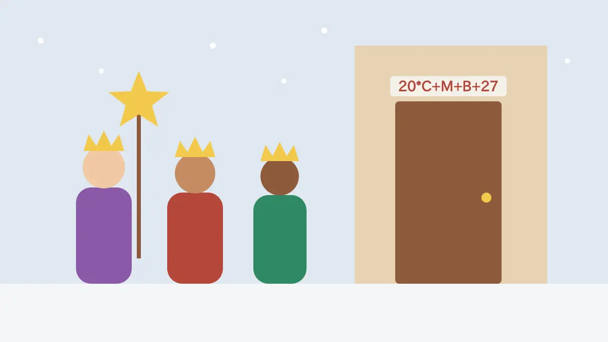 冠をかぶり星の棒を持った3人の子どもが、雪の残る家のドアの前に立っている様子を描いたイラスト