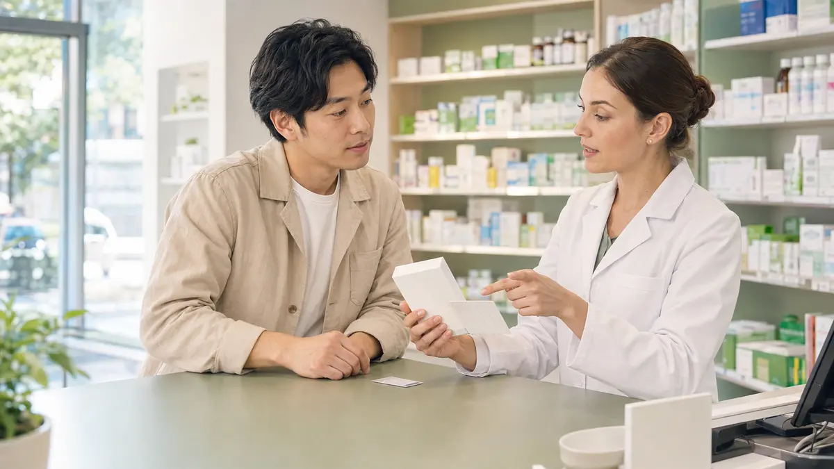ドイツの薬局で電子健康保険証を提示し薬剤師から薬の説明を受ける様子