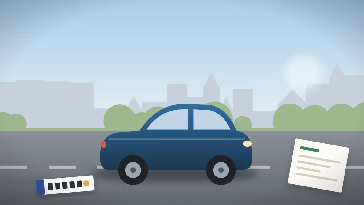 街の道路を走る車と、ナンバープレート、書類を描いたイラスト