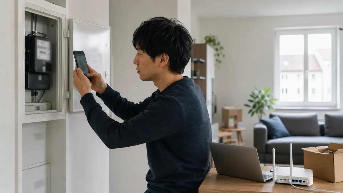 新居で電気メーターの数値を撮影し、ノートパソコンでインターネット契約を確認する様子
