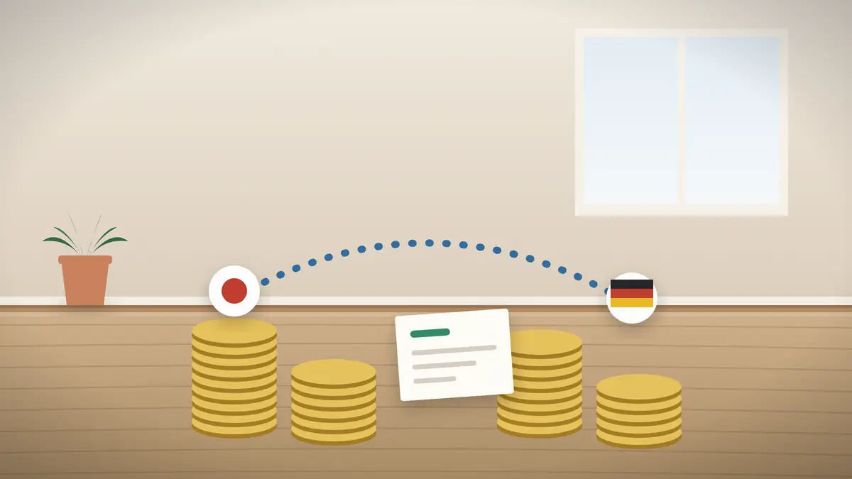 積み上げた硬貨と、日本とドイツを点線で結ぶマーク、書類を描いたイラスト