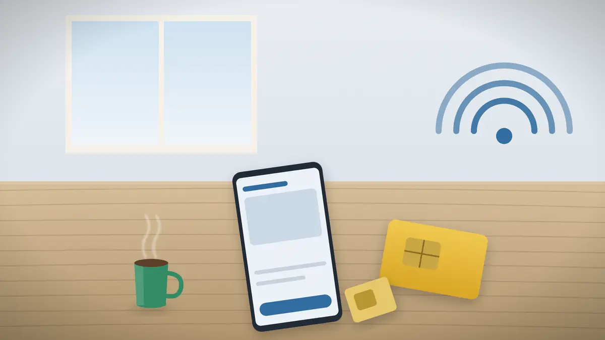 机の上のスマートフォンとSIMカード、電波のマークを描いたイラスト